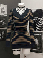 StreetHx Women's Casual Striped V-Neck Long Sleeve Short Dress