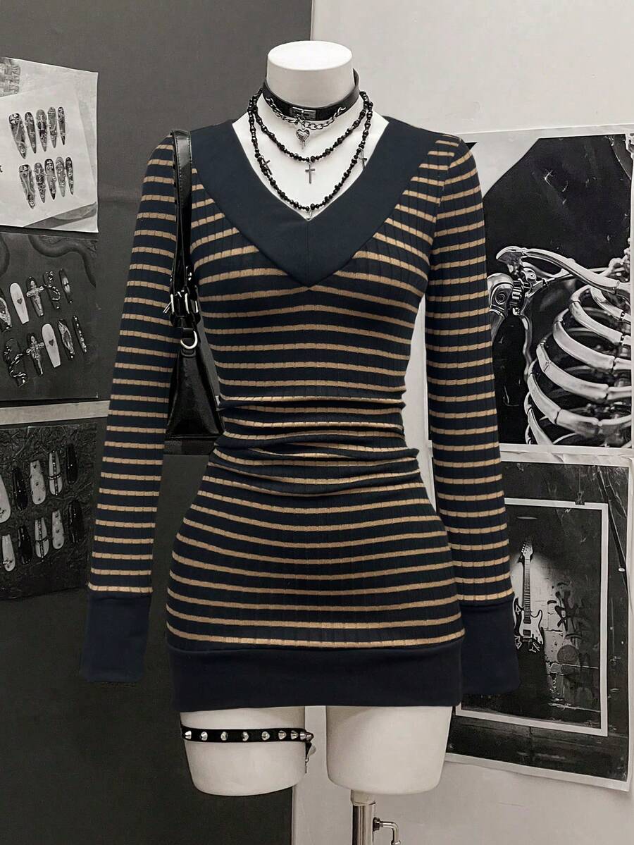StreetHx Women's Casual Striped V-Neck Long Sleeve Short Dress