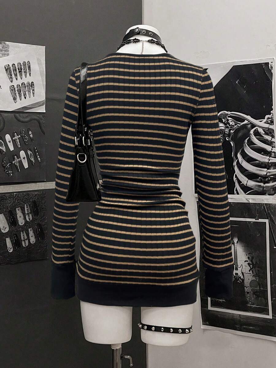StreetHx Women's Casual Striped V-Neck Long Sleeve Short Dress