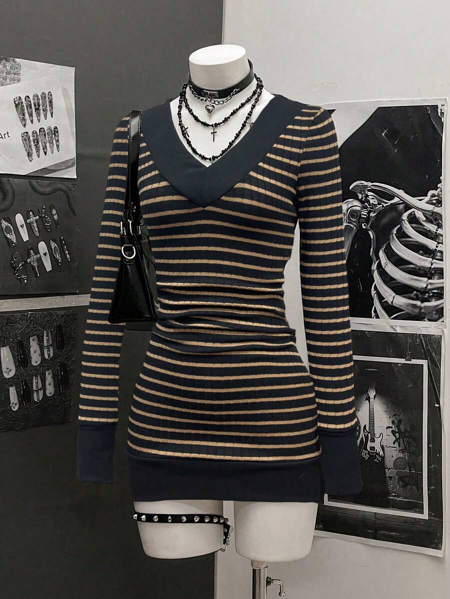 StreetHx Women's Casual Striped V-Neck Long Sleeve Short Dress