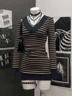 StreetHx Women's Casual Striped V-Neck Long Sleeve Short Dress