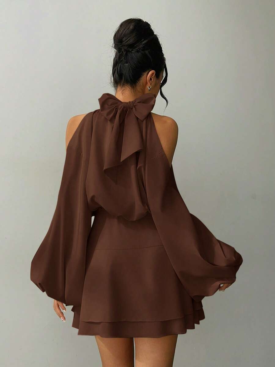 Aloruh Women's New Apricot Solid Color Mini Dress, Long Sleeve, Lantern Sleeve Design, A-Line Dress, Party Dress, Date Dress, Afternoon Tea Dress, Autumn/Winter New Year's Outfit For Women,Spring Outfit Women