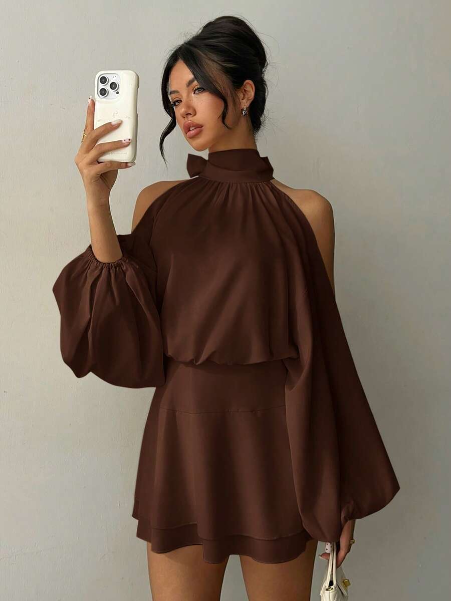 Aloruh Women's New Apricot Solid Color Mini Dress, Long Sleeve, Lantern Sleeve Design, A-Line Dress, Party Dress, Date Dress, Afternoon Tea Dress, Autumn/Winter New Year's Outfit For Women,Spring Outfit Women