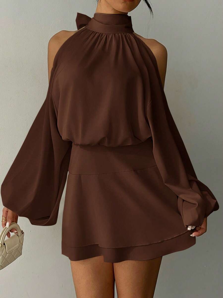 Aloruh Women's New Apricot Solid Color Mini Dress, Long Sleeve, Lantern Sleeve Design, A-Line Dress, Party Dress, Date Dress, Afternoon Tea Dress, Autumn/Winter New Year's Outfit For Women,Spring Outfit Women