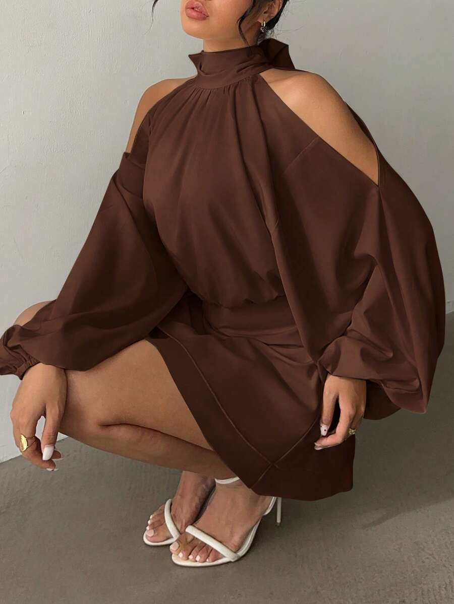 Aloruh Women's New Apricot Solid Color Mini Dress, Long Sleeve, Lantern Sleeve Design, A-Line Dress, Party Dress, Date Dress, Afternoon Tea Dress, Autumn/Winter New Year's Outfit For Women,Spring Outfit Women