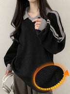 DAZY Women's Contrast Color Block Striped Long Sleeve Casual Letter Print Sweatshirt, Collegiate Style,Long Sleeve Tops,Fall Clothes
