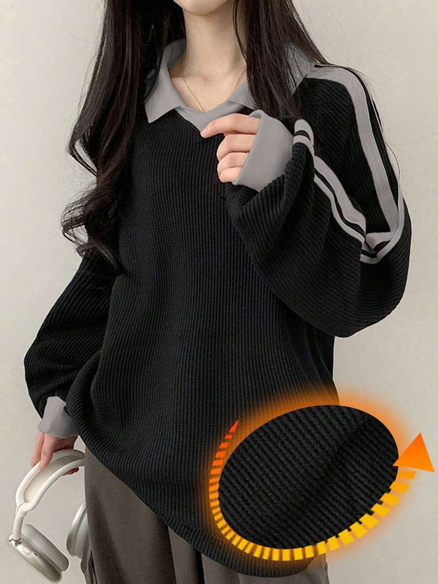 DAZY Women's Contrast Color Block Striped Long Sleeve Casual Letter Print Sweatshirt, Collegiate Style,Long Sleeve Tops,Fall Clothes
