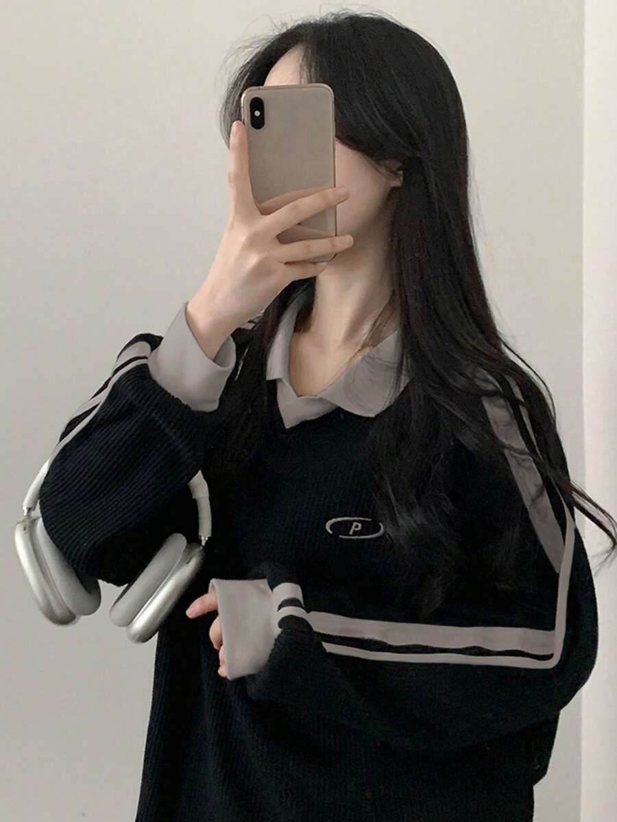 DAZY Women's Contrast Color Block Striped Long Sleeve Casual Letter Print Sweatshirt, Collegiate Style,Long Sleeve Tops,Fall Clothes