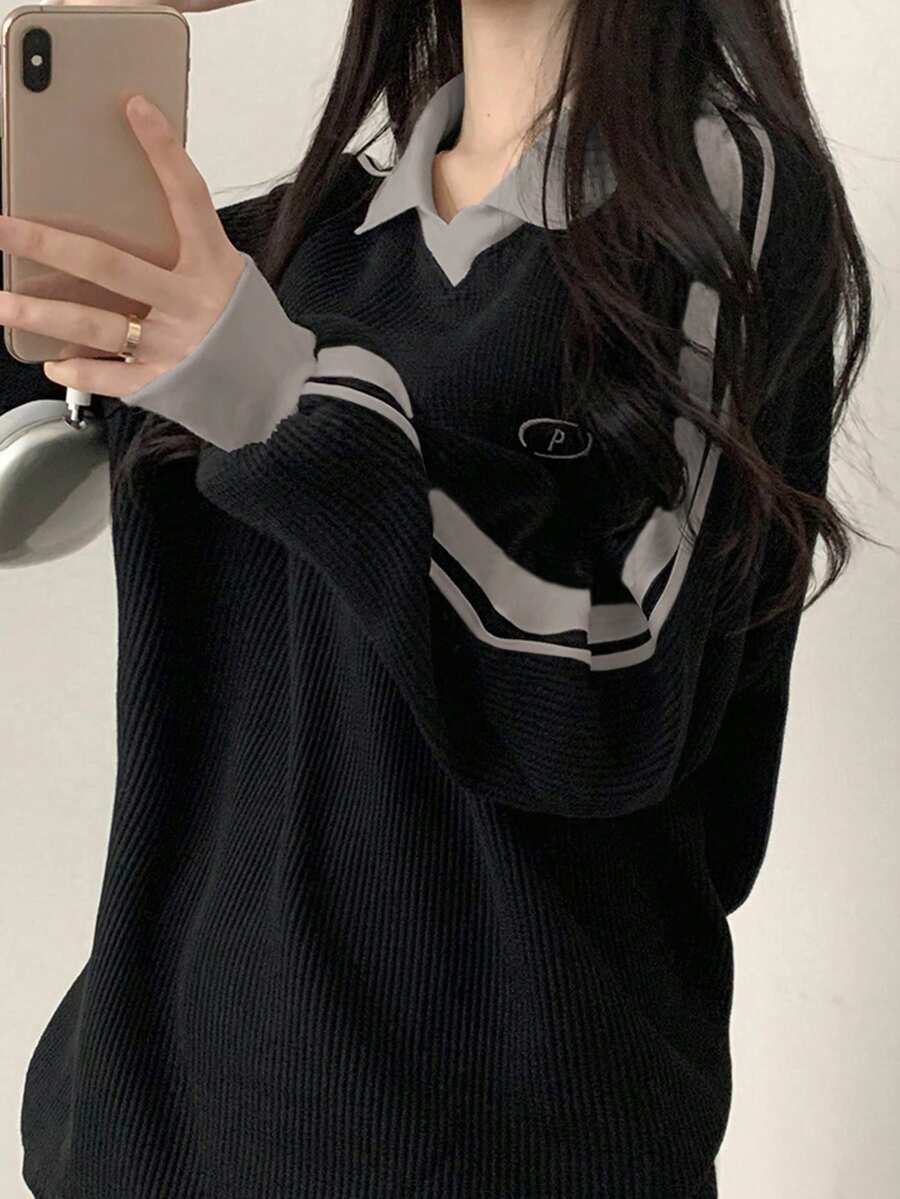 DAZY Women's Contrast Color Block Striped Long Sleeve Casual Letter Print Sweatshirt, Collegiate Style,Long Sleeve Tops,Fall Clothes