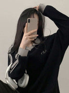 DAZY Women's Contrast Color Block Striped Long Sleeve Casual Letter Print Sweatshirt, Collegiate Style,Long Sleeve Tops,Fall Clothes