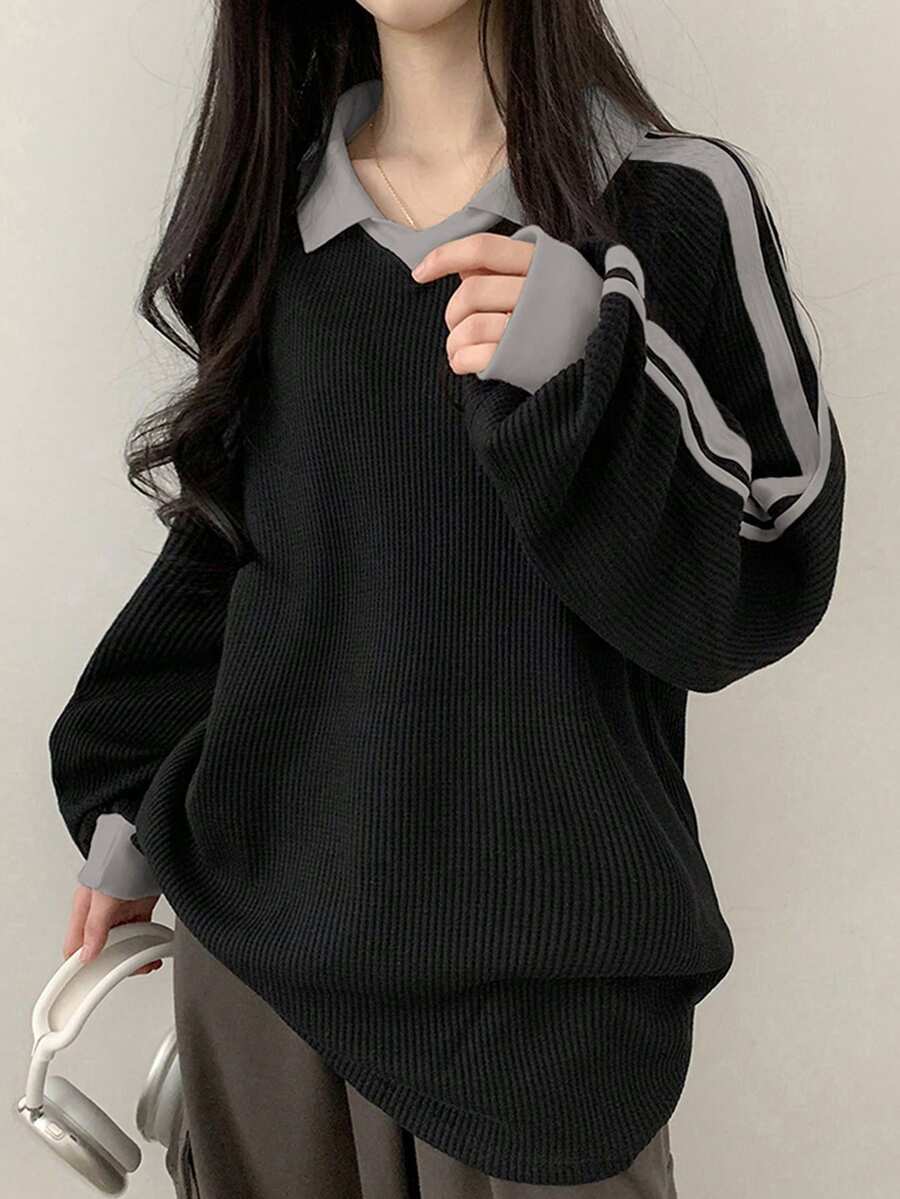 DAZY Women's Contrast Color Block Striped Long Sleeve Casual Letter Print Sweatshirt, Collegiate Style,Long Sleeve Tops,Fall Clothes