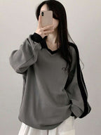 DAZY Women's Contrast Color Block Striped Long Sleeve Casual Letter Print Sweatshirt, Collegiate Style,Long Sleeve Tops,Fall Clothes