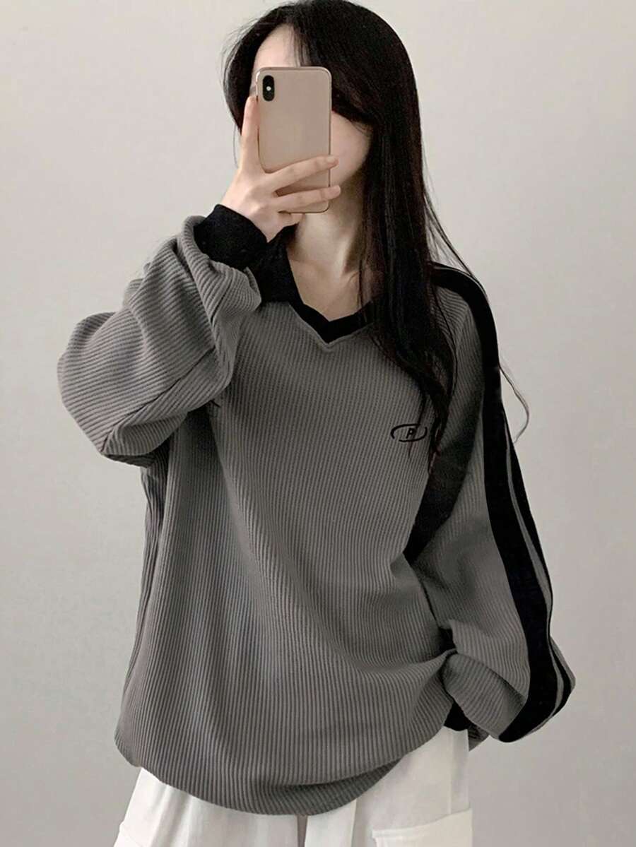 DAZY Women's Contrast Color Block Striped Long Sleeve Casual Letter Print Sweatshirt, Collegiate Style,Long Sleeve Tops,Fall Clothes