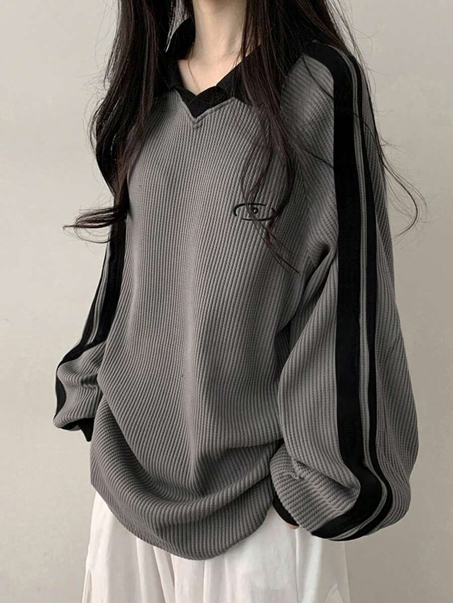 DAZY Women's Contrast Color Block Striped Long Sleeve Casual Letter Print Sweatshirt, Collegiate Style,Long Sleeve Tops,Fall Clothes