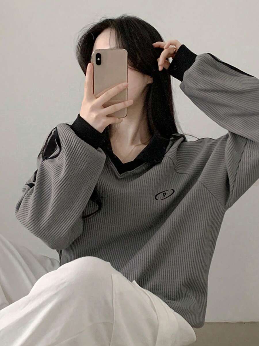 DAZY Women's Contrast Color Block Striped Long Sleeve Casual Letter Print Sweatshirt, Collegiate Style,Long Sleeve Tops,Fall Clothes