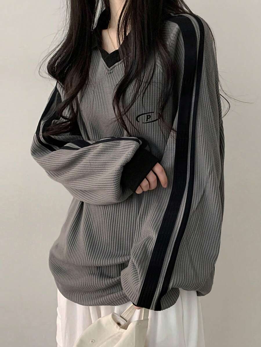 DAZY Women's Contrast Color Block Striped Long Sleeve Casual Letter Print Sweatshirt, Collegiate Style,Long Sleeve Tops,Fall Clothes