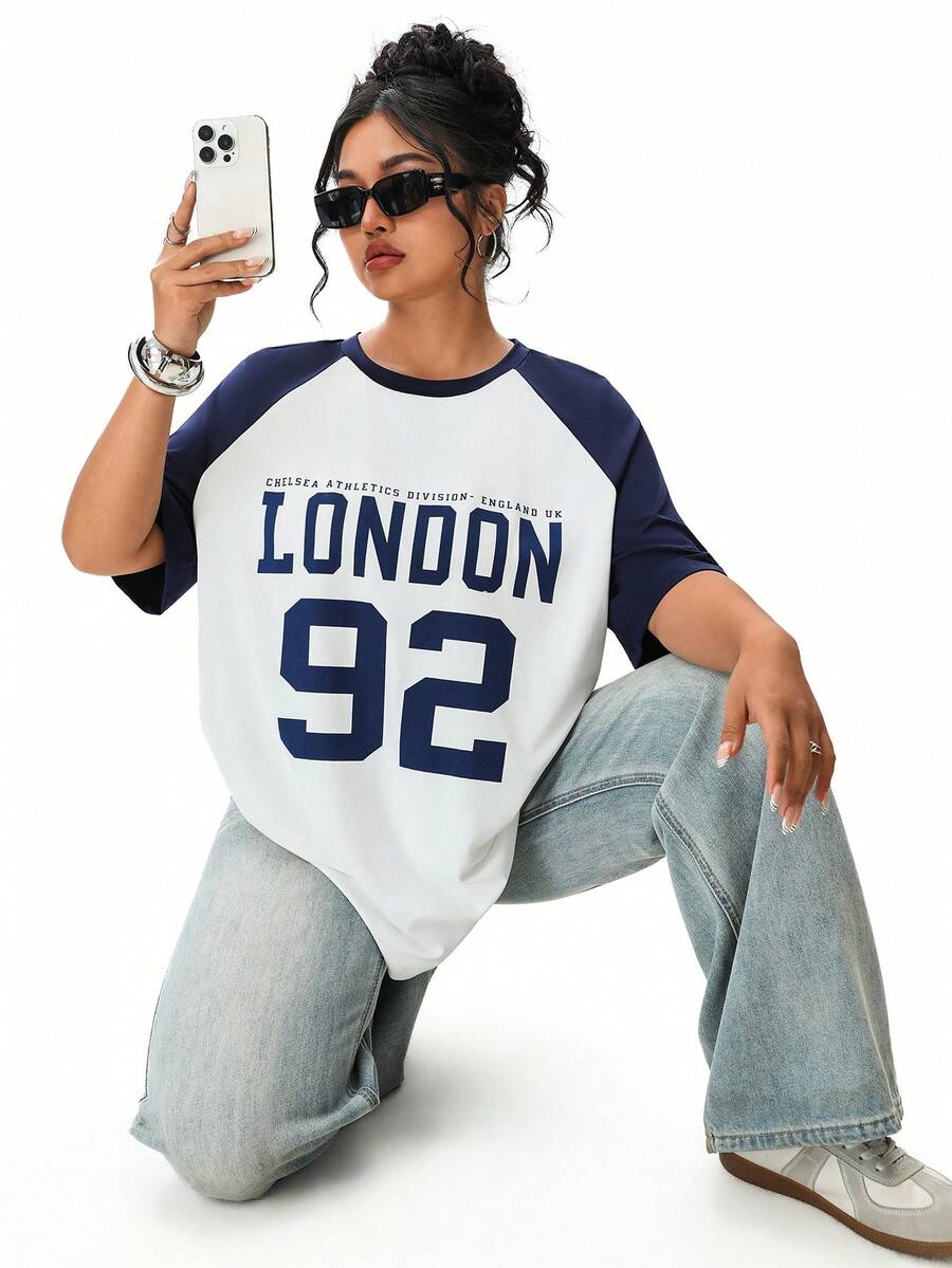 SHEIN EZwear Plus Size Summer Basic Casual Raglan Sleeve Short Sleeve Loose T-Shirt