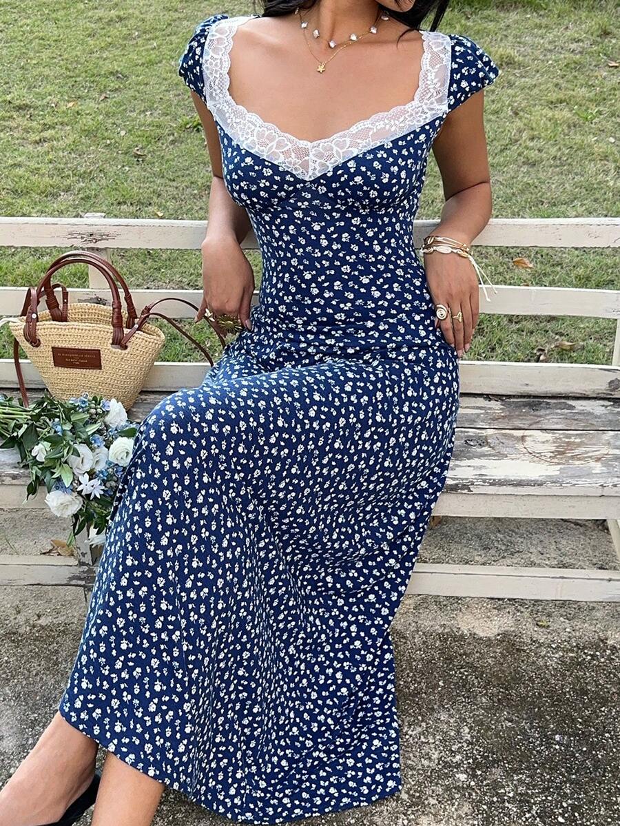 SHEIN Unity Black & White Polka Dot Print Patchwork Lace Trim Heart Collar Puffy Short Sleeve High Waist A-Line Midi Dress, Minimalist Chic, Sweet & Elegant, Suitable For Daily, Travel, Spring/Summer, Women