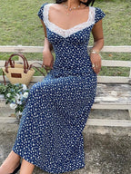 SHEIN Unity Black & White Polka Dot Print Patchwork Lace Trim Heart Collar Puffy Short Sleeve High Waist A-Line Midi Dress, Minimalist Chic, Sweet & Elegant, Suitable For Daily, Travel, Spring/Summer, Women