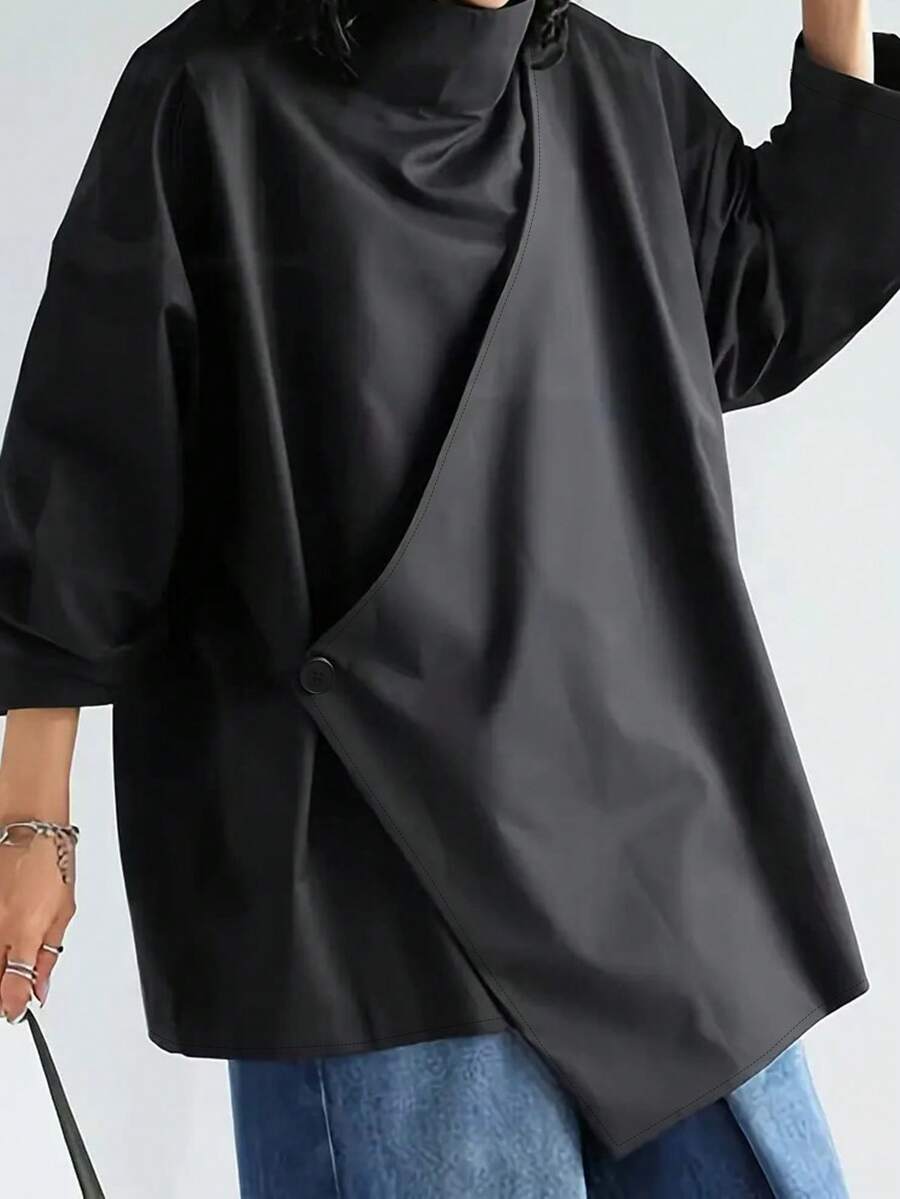 Women's Casual High Neck Loose Pullover Sweater, Solid Color Woven Fabric, Button Decor, Suitable For Office, Daily Wear, Vacation, Spring/Autumn