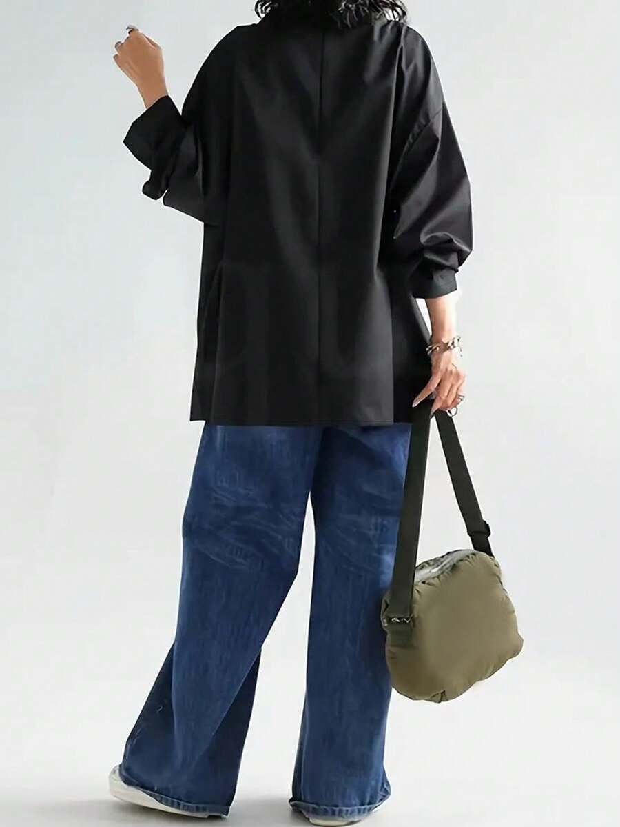 Women's Casual High Neck Loose Pullover Sweater, Solid Color Woven Fabric, Button Decor, Suitable For Office, Daily Wear, Vacation, Spring/Autumn