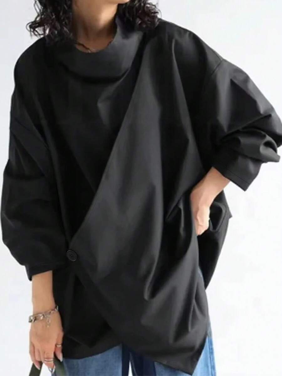 Women's Casual High Neck Loose Pullover Sweater, Solid Color Woven Fabric, Button Decor, Suitable For Office, Daily Wear, Vacation, Spring/Autumn