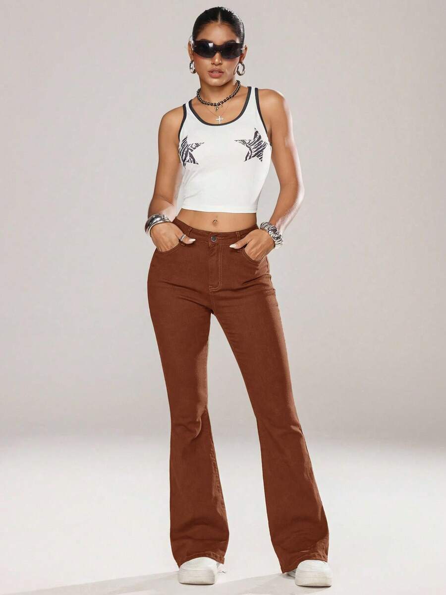 Flexra Women Flared Pocket Casual All-Match Denim Flared Jeans Y2k Bootcut Jeans