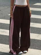 Muchica Women's White Striped Knitted Sweatpants Extra Long Straight Leg Pink Side Stripe Loose Fit Casual Track Pants For Everyday Wear White Beach Pants White Wide Leg Pants Women Wide Pants Wide Leg Summer Pants Palazzo Pants Women White Track Pants Women