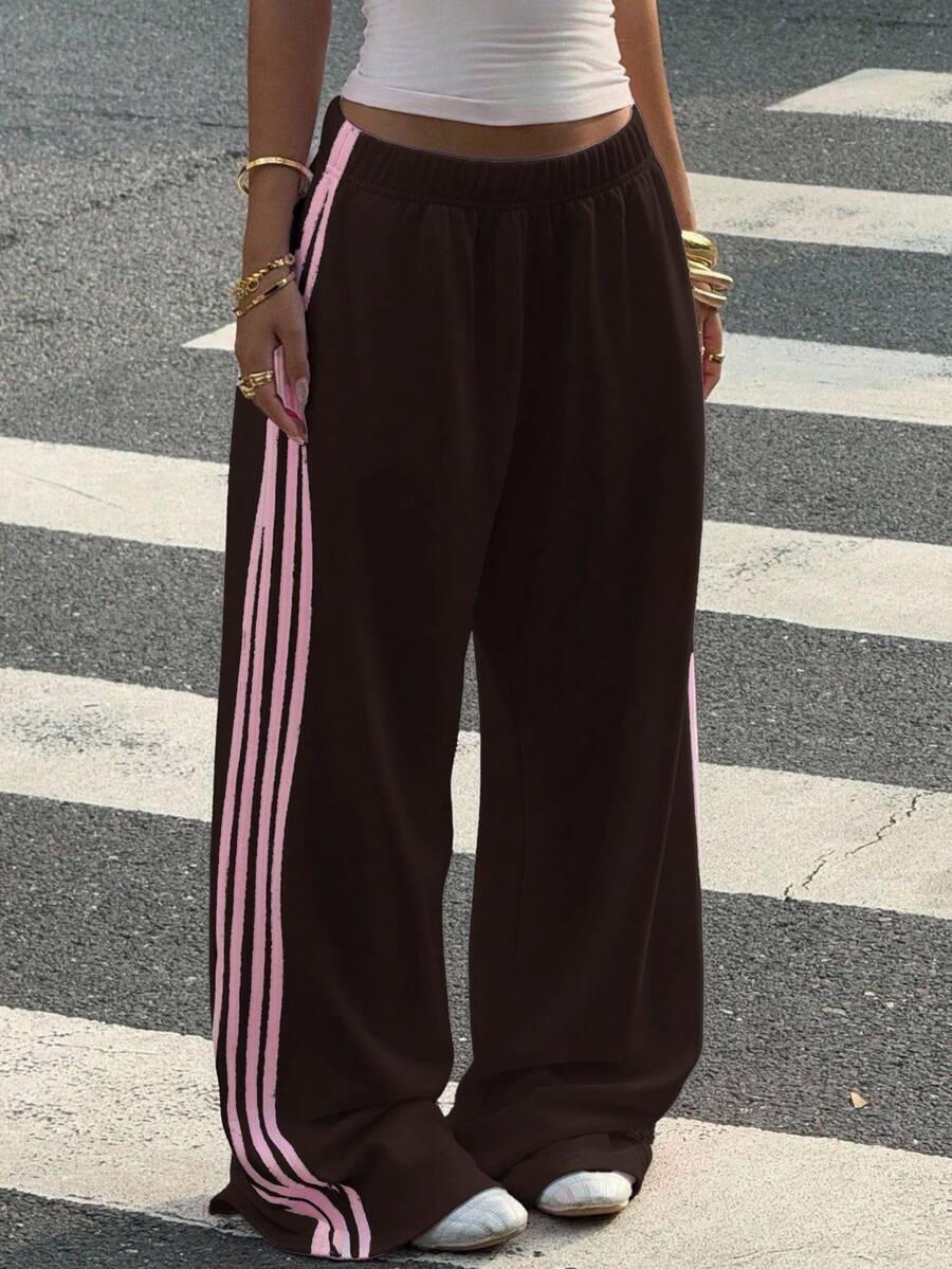 Muchica Women's White Striped Knitted Sweatpants Extra Long Straight Leg Pink Side Stripe Loose Fit Casual Track Pants For Everyday Wear White Beach Pants White Wide Leg Pants Women Wide Pants Wide Leg Summer Pants Palazzo Pants Women White Track Pants Women