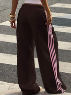 Muchica Women's White Striped Knitted Sweatpants Extra Long Straight Leg Pink Side Stripe Loose Fit Casual Track Pants For Everyday Wear White Beach Pants White Wide Leg Pants Women Wide Pants Wide Leg Summer Pants Palazzo Pants Women White Track Pants Women
