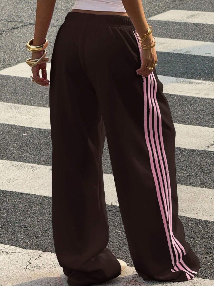 Muchica Women's White Striped Knitted Sweatpants Extra Long Straight Leg Pink Side Stripe Loose Fit Casual Track Pants For Everyday Wear White Beach Pants White Wide Leg Pants Women Wide Pants Wide Leg Summer Pants Palazzo Pants Women White Track Pants Women