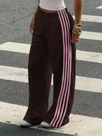 Muchica Women's White Striped Knitted Sweatpants Extra Long Straight Leg Pink Side Stripe Loose Fit Casual Track Pants For Everyday Wear White Beach Pants White Wide Leg Pants Women Wide Pants Wide Leg Summer Pants Palazzo Pants Women White Track Pants Women
