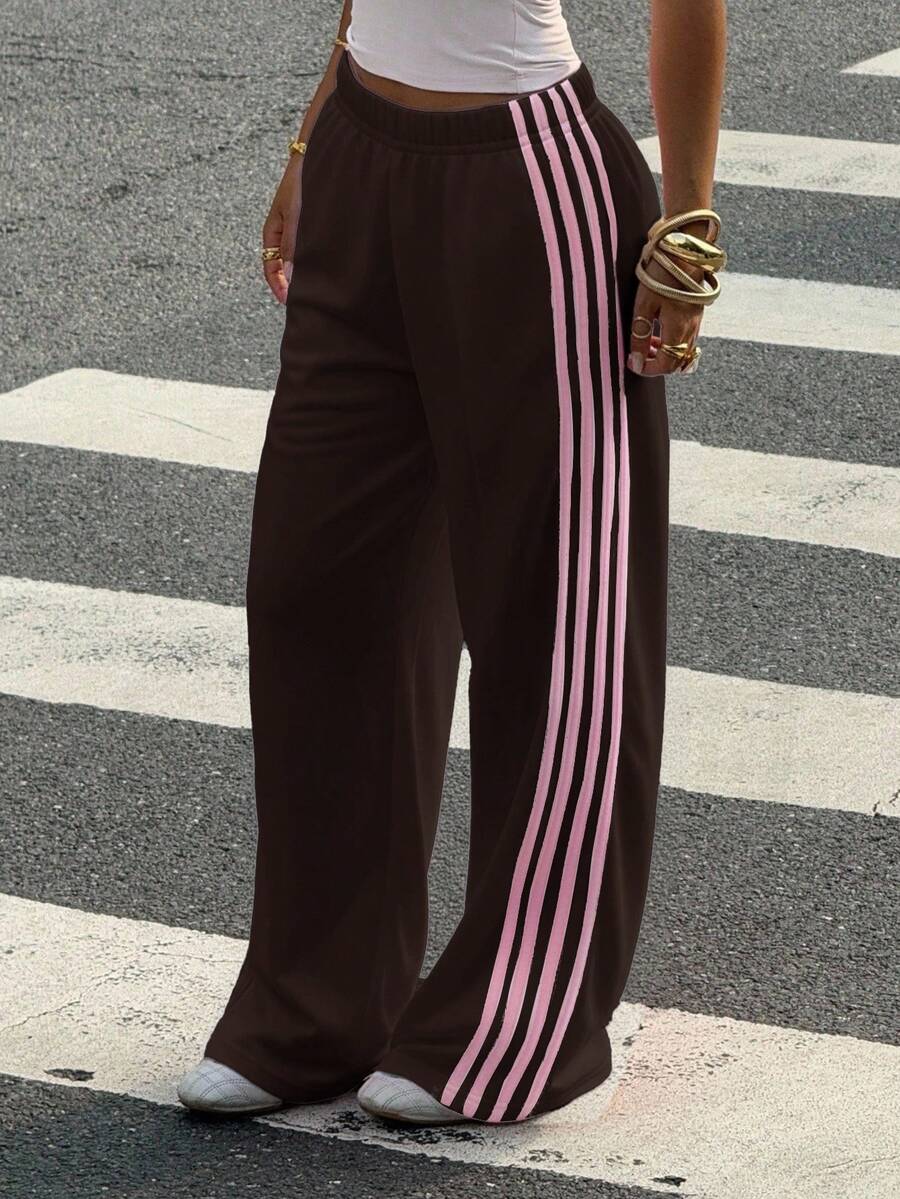 Muchica Women's White Striped Knitted Sweatpants Extra Long Straight Leg Pink Side Stripe Loose Fit Casual Track Pants For Everyday Wear White Beach Pants White Wide Leg Pants Women Wide Pants Wide Leg Summer Pants Palazzo Pants Women White Track Pants Women