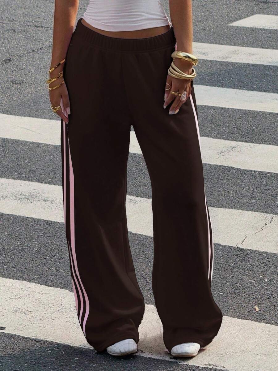 Muchica Women's White Striped Knitted Sweatpants Extra Long Straight Leg Pink Side Stripe Loose Fit Casual Track Pants For Everyday Wear White Beach Pants White Wide Leg Pants Women Wide Pants Wide Leg Summer Pants Palazzo Pants Women White Track Pants Women