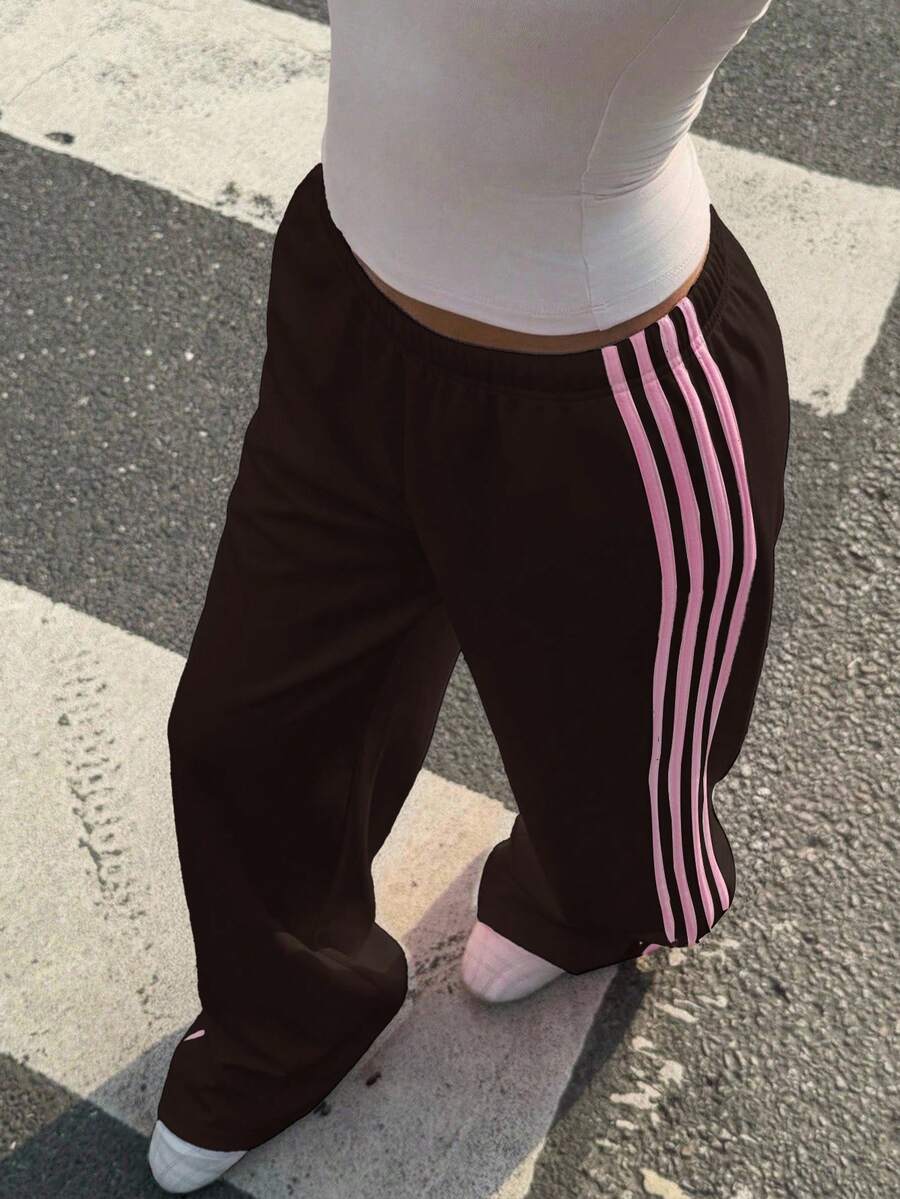 Muchica Women's White Striped Knitted Sweatpants Extra Long Straight Leg Pink Side Stripe Loose Fit Casual Track Pants For Everyday Wear White Beach Pants White Wide Leg Pants Women Wide Pants Wide Leg Summer Pants Palazzo Pants Women White Track Pants Women