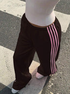 Muchica Women's White Striped Knitted Sweatpants Extra Long Straight Leg Pink Side Stripe Loose Fit Casual Track Pants For Everyday Wear White Beach Pants White Wide Leg Pants Women Wide Pants Wide Leg Summer Pants Palazzo Pants Women White Track Pants Women