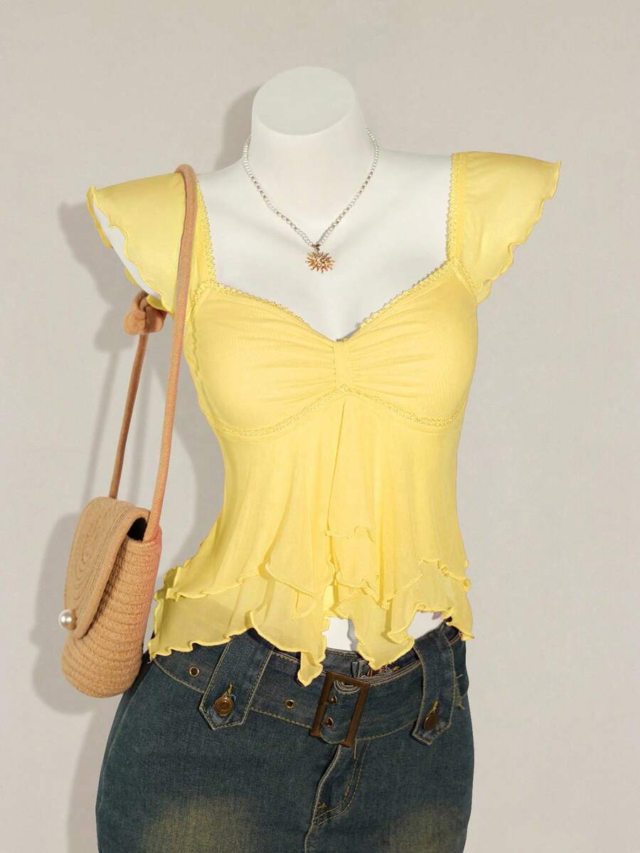 SHEIN ICON Women Ruched Front Slim-Fit Sexy Mesh Patchwork Tie Back Flutter Sleeveless Cami Top, Casual Vacation Top Ruffle Top