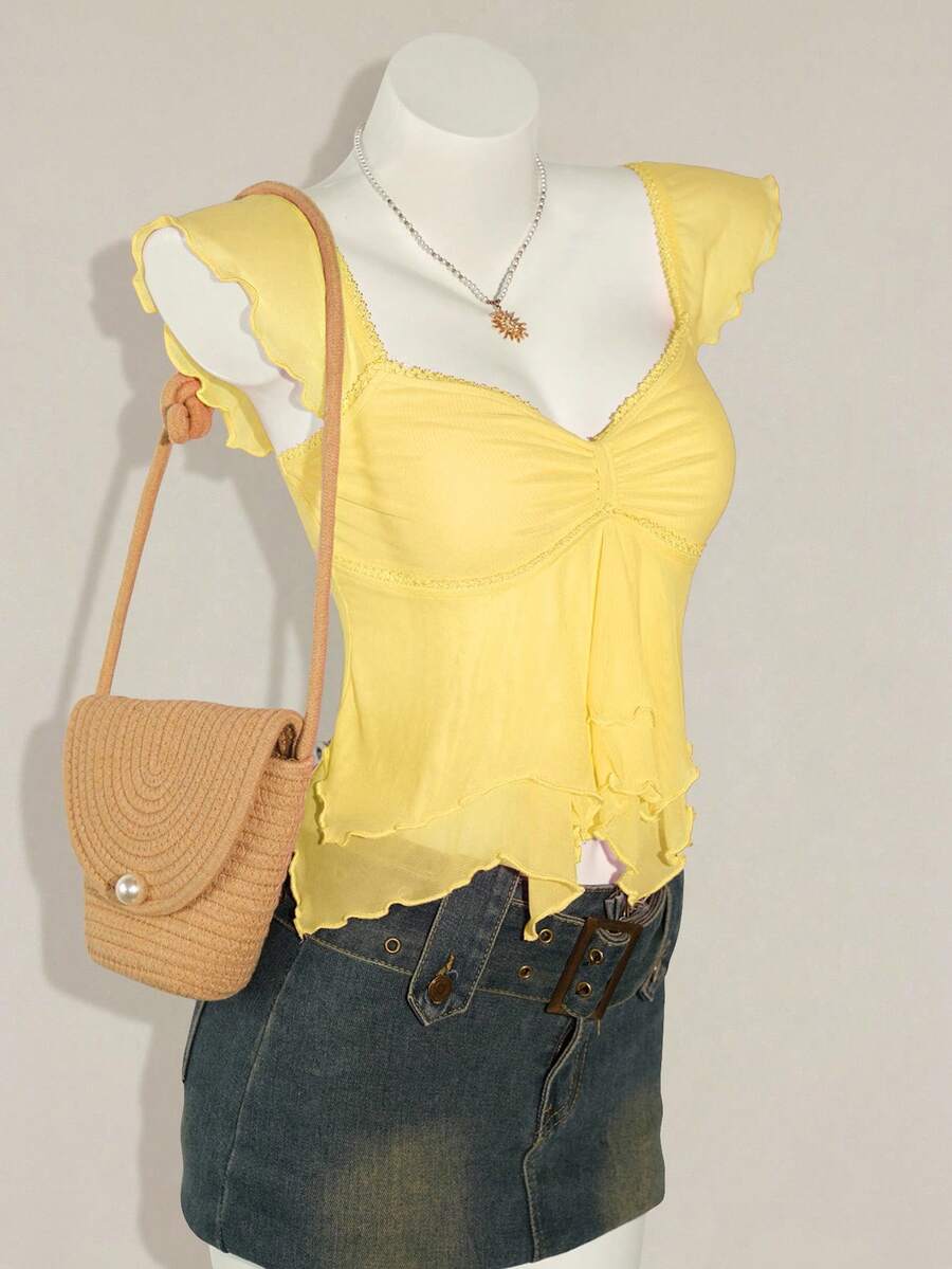 SHEIN ICON Women Ruched Front Slim-Fit Sexy Mesh Patchwork Tie Back Flutter Sleeveless Cami Top, Casual Vacation Top Ruffle Top