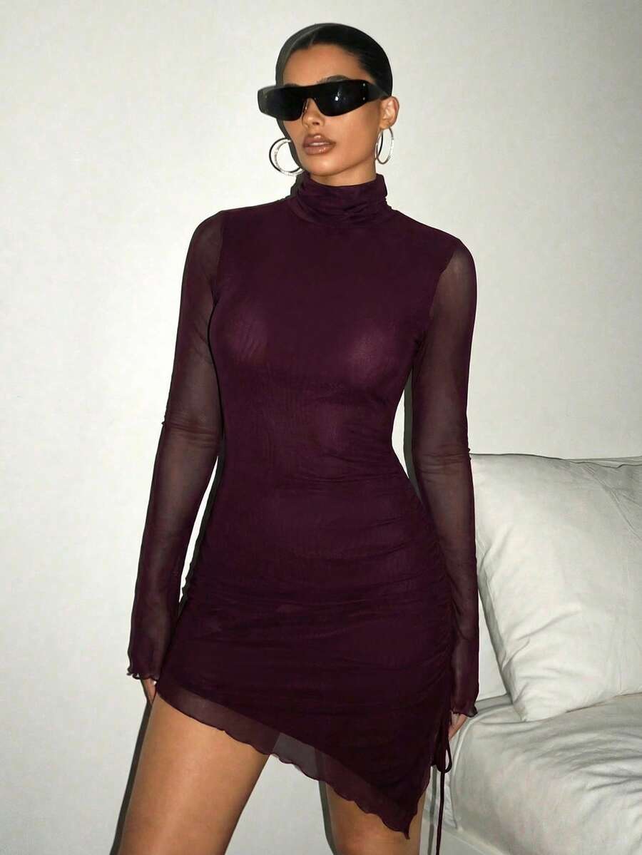 SHEIN ICON Women's Spring Summer Stand Collar Fitted Solid Color Long Sleeve Mesh Dress