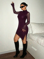 SHEIN ICON Women's Spring Summer Stand Collar Fitted Solid Color Long Sleeve Mesh Dress
