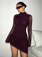 SHEIN ICON Women's Spring Summer Stand Collar Fitted Solid Color Long Sleeve Mesh Dress
