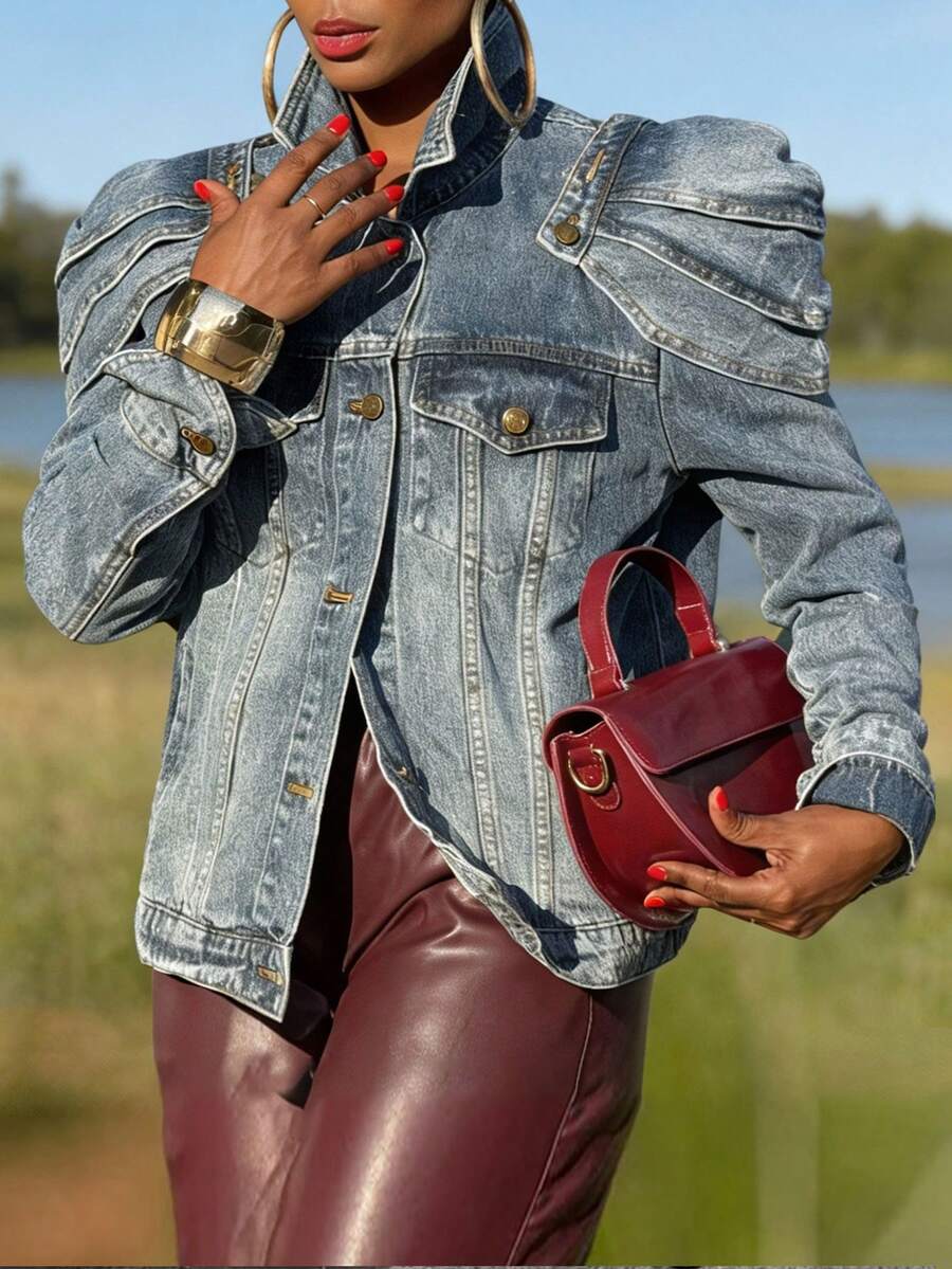 Women's  Denim Jacket With Removable Shoulder Pads & Multiple Pockets - Ideal For Dates, Daily Outfits, Commute & Gatherings