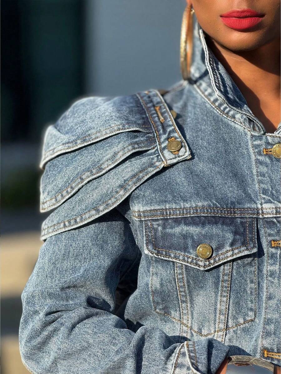 Women's  Denim Jacket With Removable Shoulder Pads & Multiple Pockets - Ideal For Dates, Daily Outfits, Commute & Gatherings