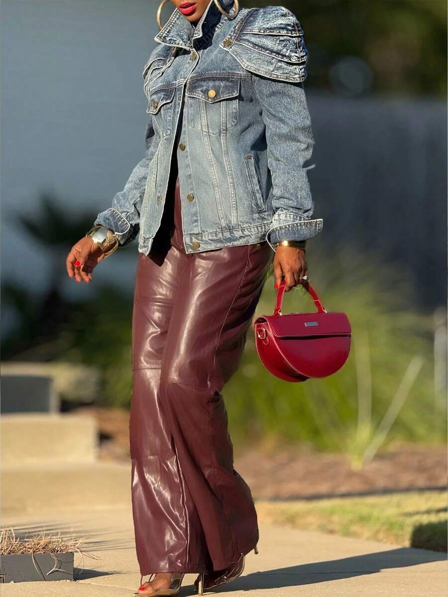 Women's  Denim Jacket With Removable Shoulder Pads & Multiple Pockets - Ideal For Dates, Daily Outfits, Commute & Gatherings