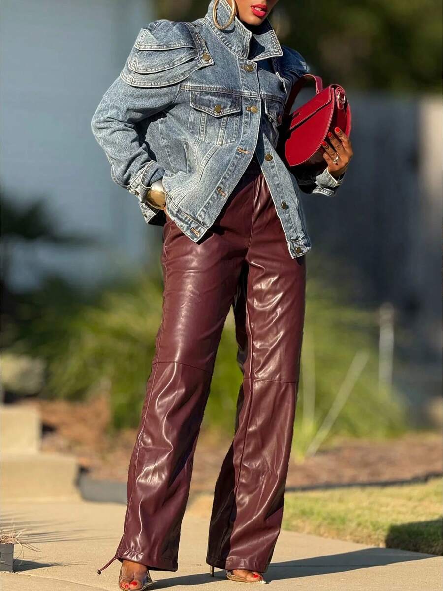 Women's  Denim Jacket With Removable Shoulder Pads & Multiple Pockets - Ideal For Dates, Daily Outfits, Commute & Gatherings