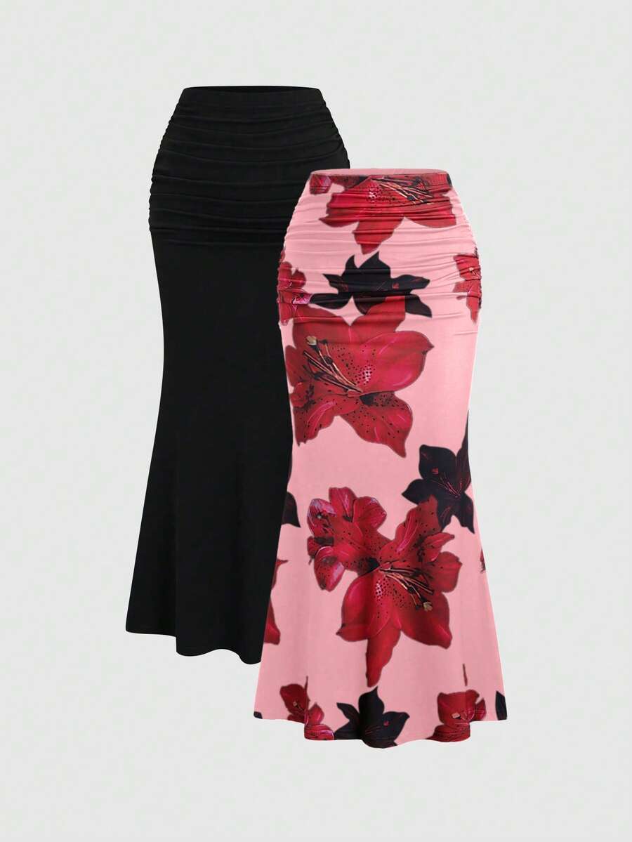Sweetra 2pcs Women's Elegant Party Solid Color Mermaid Skirt And Floral Print Skirt Set Fall Cloth For Women