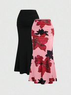 Sweetra 2pcs Women's Elegant Party Solid Color Mermaid Skirt And Floral Print Skirt Set Fall Cloth For Women