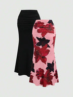 Sweetra 2pcs Women's Elegant Party Solid Color Mermaid Skirt And Floral Print Skirt Set Fall Cloth For Women