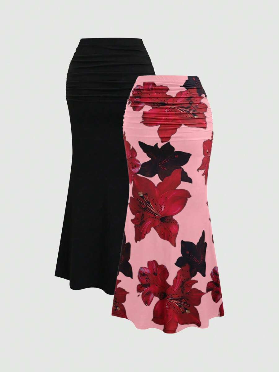 Sweetra 2pcs Women's Elegant Party Solid Color Mermaid Skirt And Floral Print Skirt Set Fall Cloth For Women
