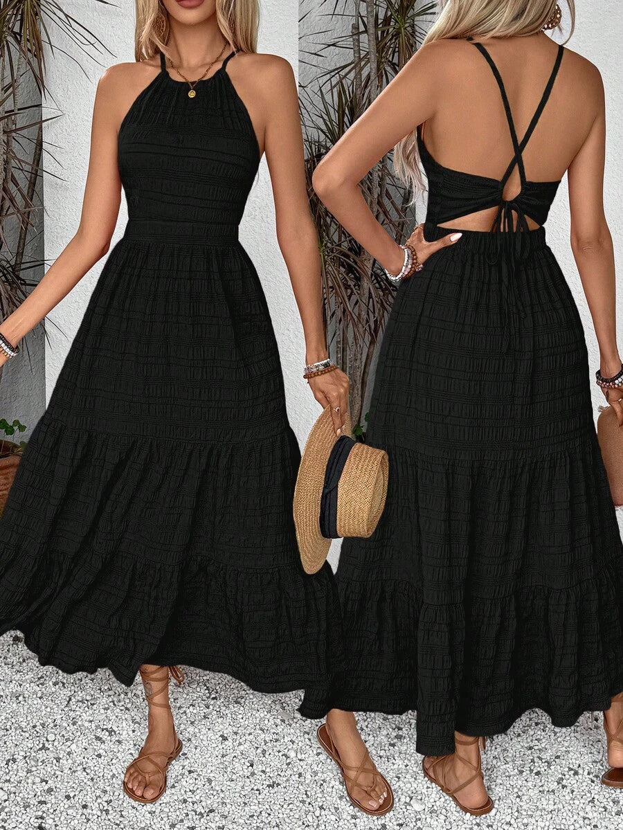 Breezaya Summer Holiday Solid Color Textured Backless Dress For New Year Clothes Maxi Vacation Beach Outfits Women